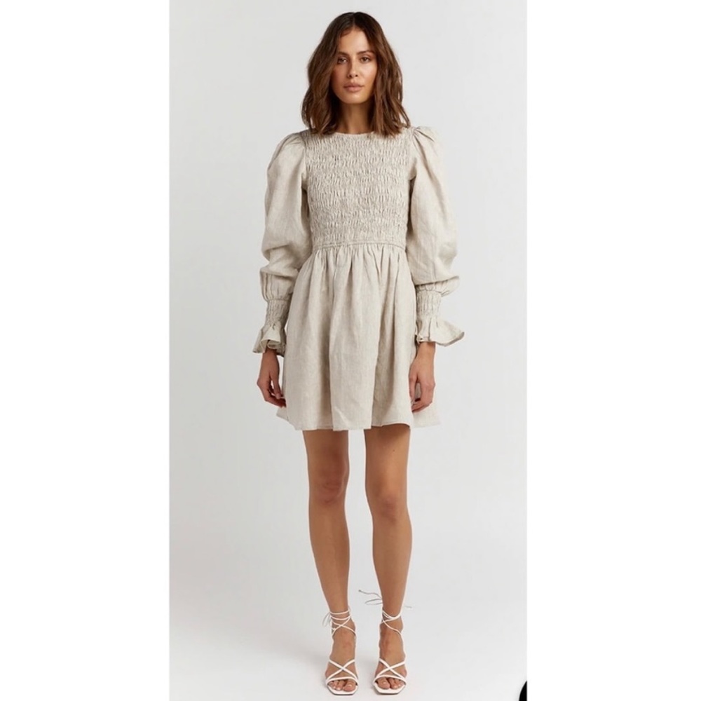 Dissh Linen Dress Kennedy Beige Natural Mini Shirred Bodice Long Sleeve Small